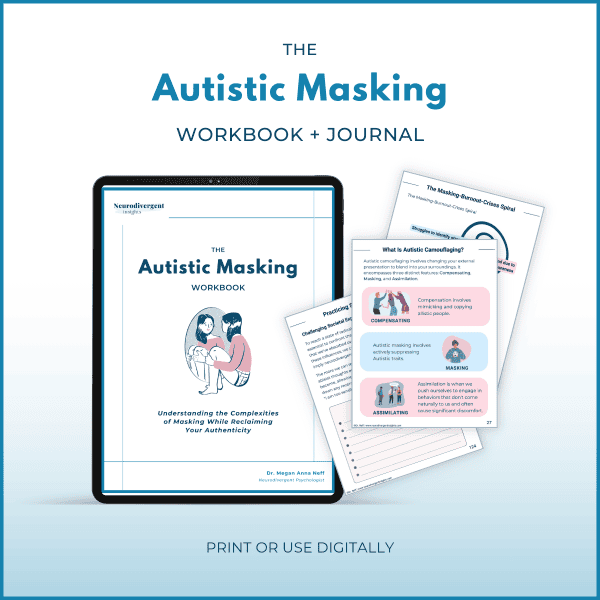 Digital mockup of “The Autistic Masking Workbook + Journal” on a tablet with sample pages highlighting explanations of autistic camouflaging and reflective journaling exercises. Text below: “Print or use digitally.”
