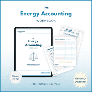 Digital mockup of The Energy Accounting Workbook on a tablet with sample workbook pages in the background. Badge reads “Clinical Usage.” Another badge says “Recently Updated.” Text at bottom: “Print or use digitally.”