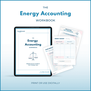 Digital mockup of The Energy Accounting Workbook on a tablet with sample pages in the background. Text at bottom: “Print or use digitally.”