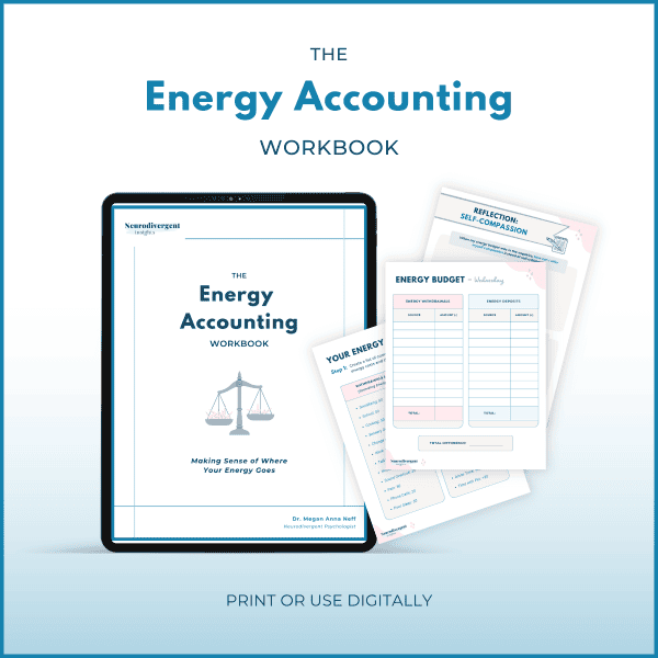 Digital mockup of The Energy Accounting Workbook on a tablet with sample pages in the background. Text at bottom: “Print or use digitally.”