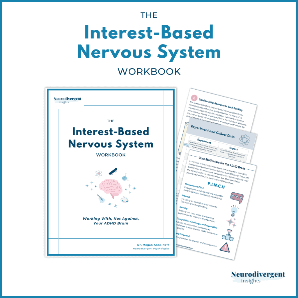 Flat lay mockup of “The Interest-Based Nervous System Workbook” cover with sample pages on the ADHD brain motivators, experiments, and challenges.