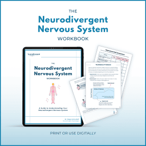 Cover and sample pages of “The Neurodivergent Nervous System Workbook,” showing colorful diagrams and fillable worksheets.