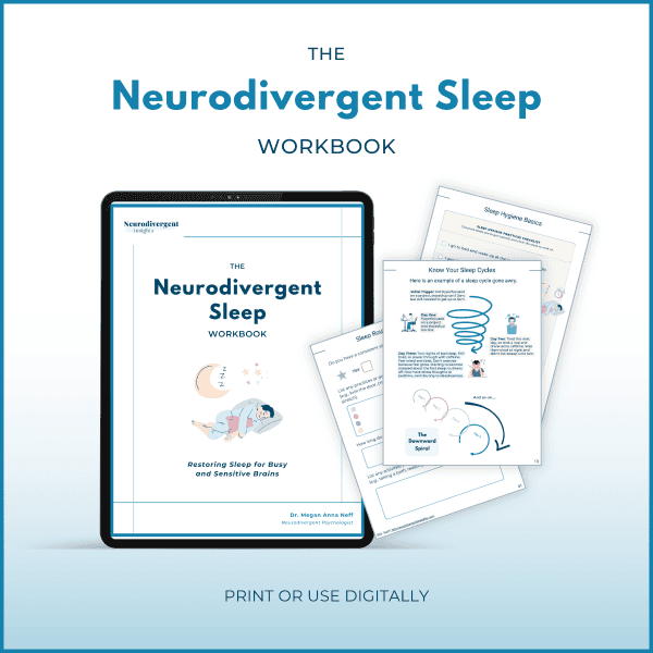 Digital mockup of “The Neurodivergent Sleep Workbook” on a tablet with sample workbook pages about sleep hygiene and sleep cycles. Text below: “Print or use digitally.”