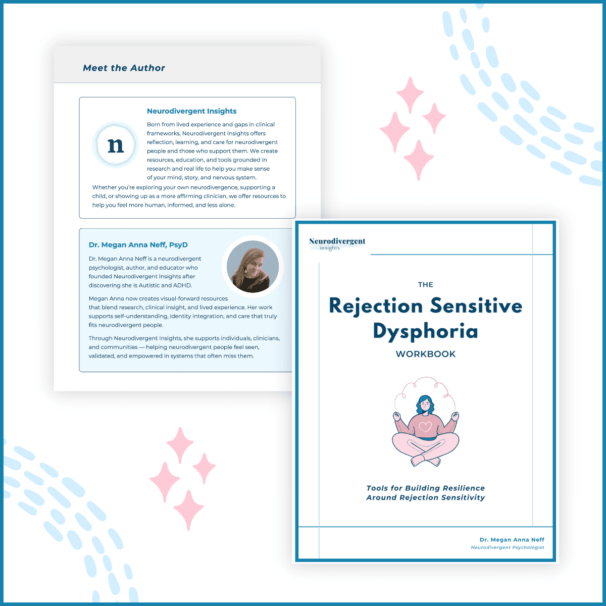 Author spread: Meet the Author page with Dr. Megan Anna Neff’s bio next to the workbook cover. Decorative graphics frame the layout.