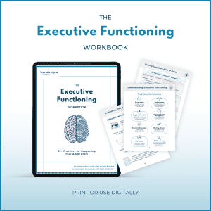 The Executive Functioning Workbook by Dr. Megan Anna Neff and Nicole Bulsara shown on a tablet with ADHD worksheets covering planning, organization, and memory strategies. Created for personal use with 50+ practices to support executive functioning; digital PDF or print.