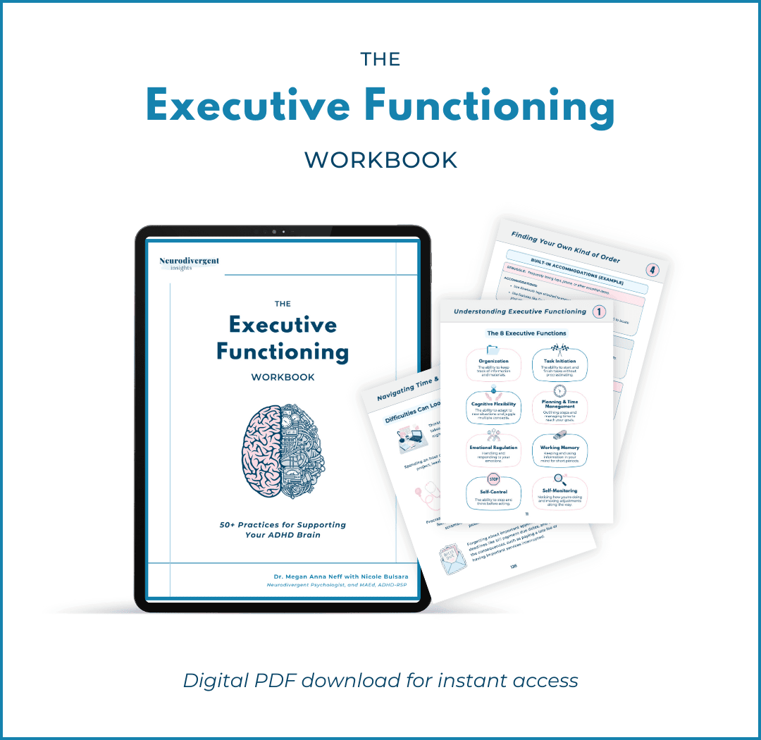 Executive Functioning Workbook cover on tablet with worksheets on ADHD challenges, time management, and executive skills; digital instant download.