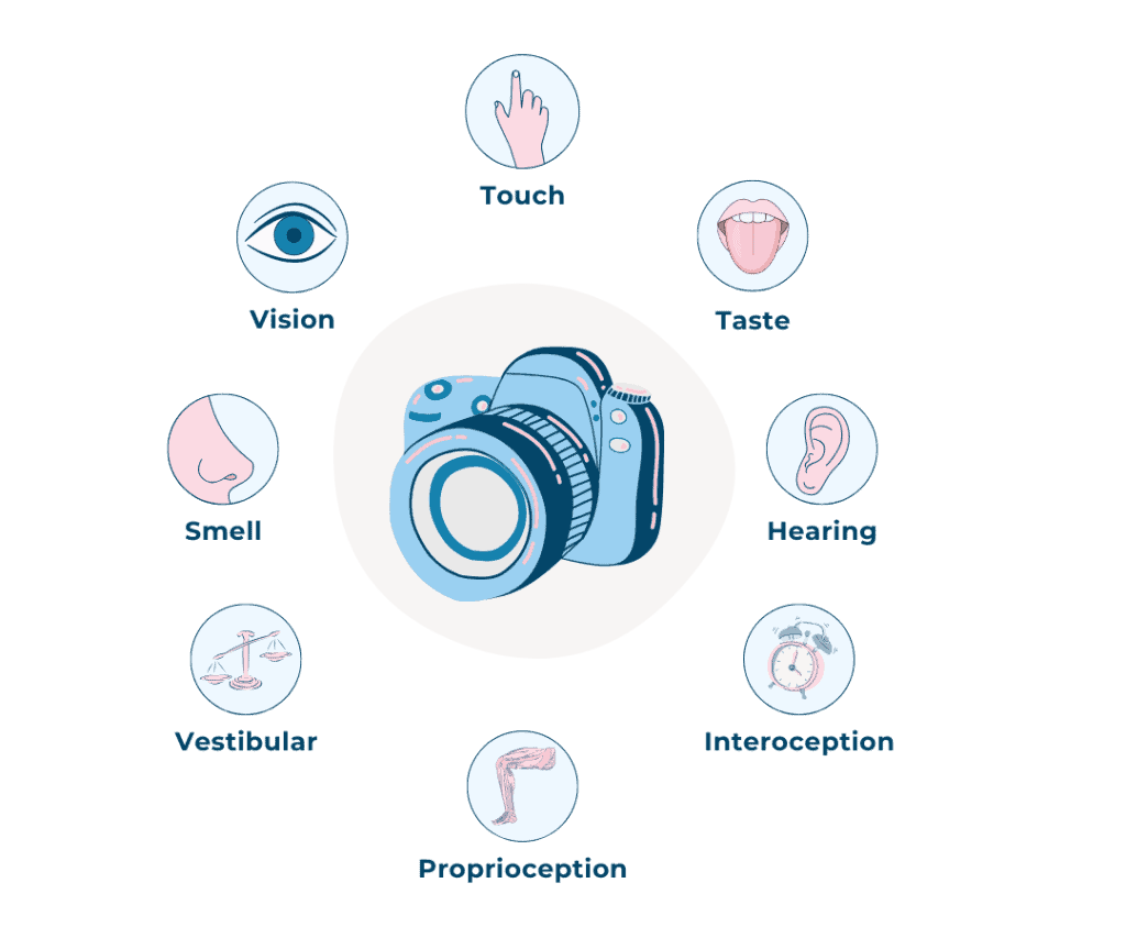 Illustration of a camera surrounded by icons of the eight senses: touch, taste, hearing, vision, smell, vestibular, proprioception, and interoception.