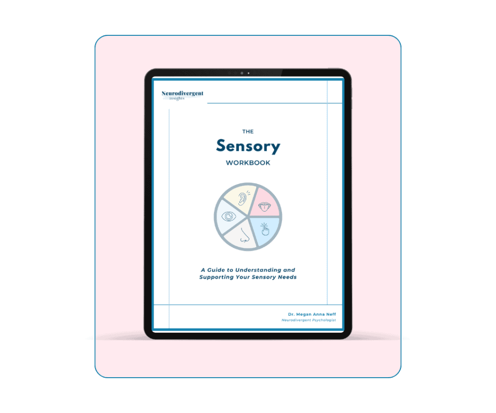 Digital mockup of The Sensory Workbook on a tablet, featuring icons of the five senses in pastel colors.