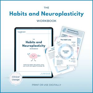 Mockup of The Habits and Neuroplasticity Workbook on a tablet with sample interior pages fanned out, including “The Habit Loop” diagram and worksheets. Badge on corner reads “Clinical Usage.” Text: “Print or use digitally.”