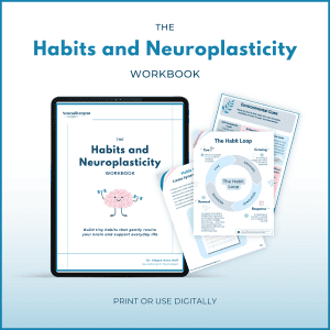 Digital mockup of The Habits and Neuroplasticity Workbook displayed on a tablet with worksheets on habit formation and environmental cues fanned around it. Text: “Print or use digitally.”