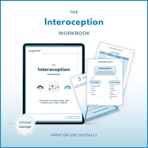 Digital mockup of The Interoception Workbook by Dr. Megan Anna Neff, displayed on a tablet with sample workbook pages fanned out. Badge on the corner reads “Clinical Usage.” Tagline says: “Learn how to notice, name, and navigate your body’s signals.” Text below: “Print or use digitally.”