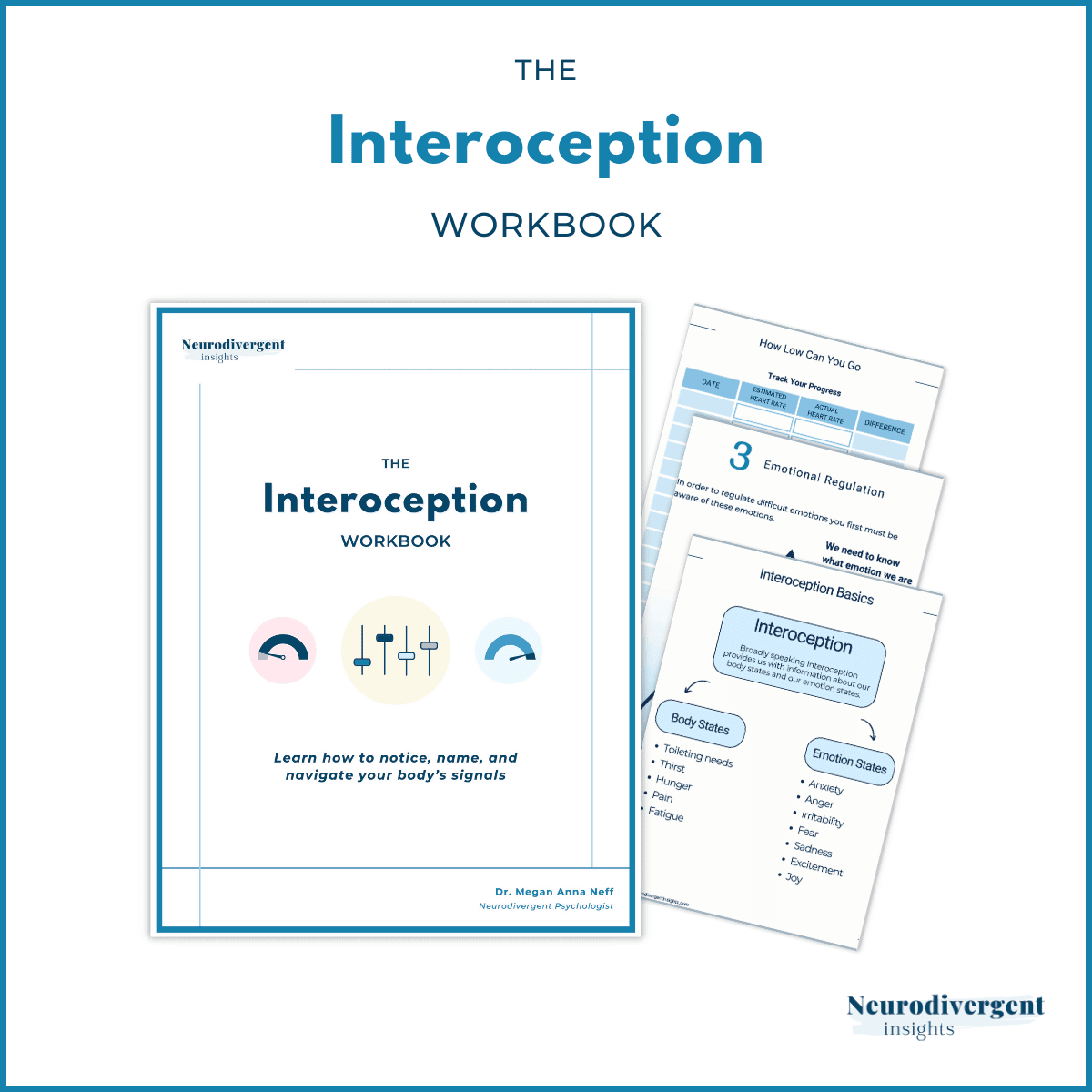 Mockup of The Interoception Workbook cover surrounded by three sample workbook pages. Pages highlight emotional regulation, progress tracking, and basics of interoception.