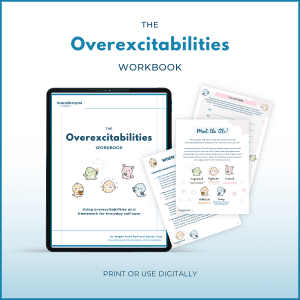 Mockup of The Overexcitabilities Workbook on a tablet with sample pages, featuring cute character icons representing different OEs.