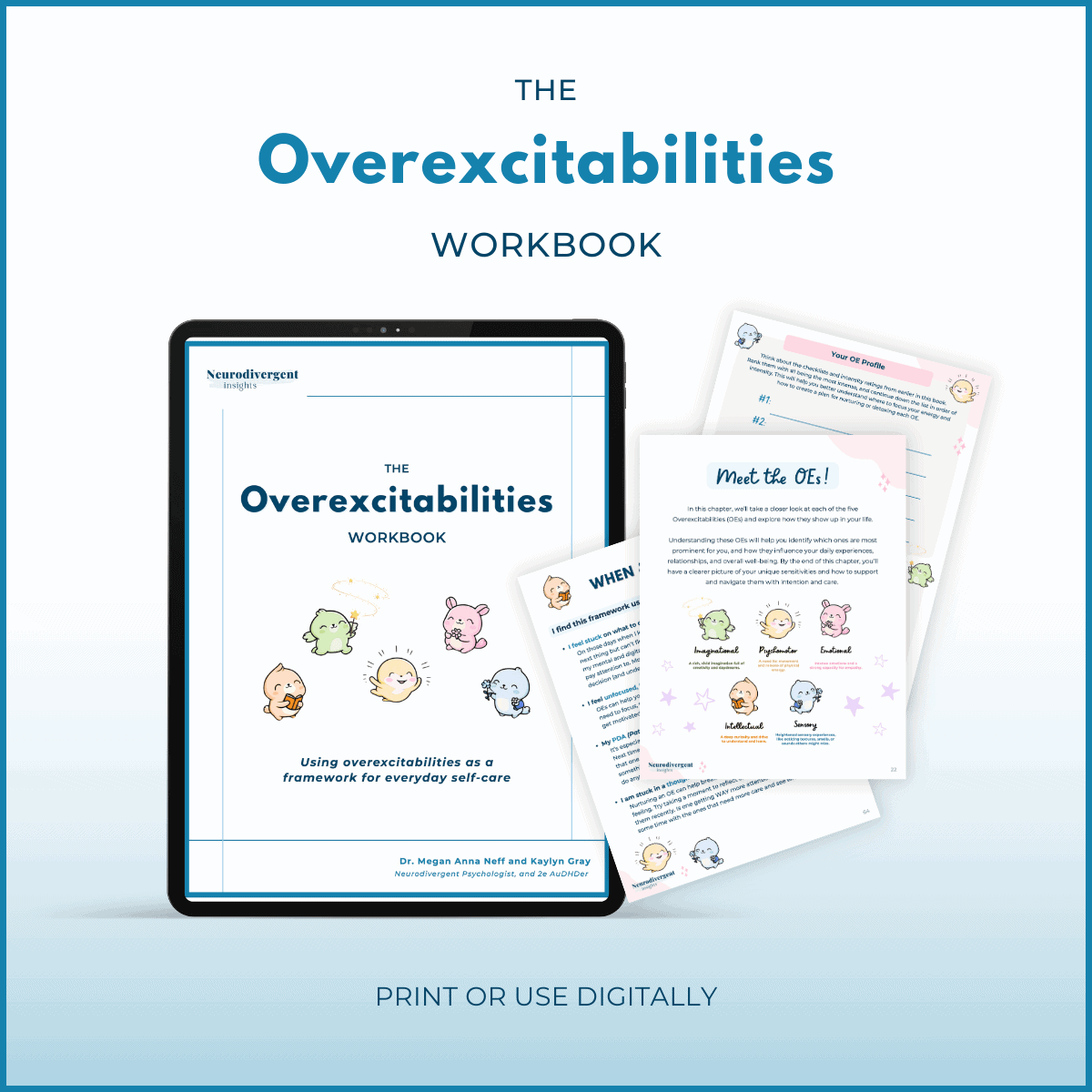 Mockup of The Overexcitabilities Workbook on a tablet with sample pages, featuring cute character icons representing different OEs.