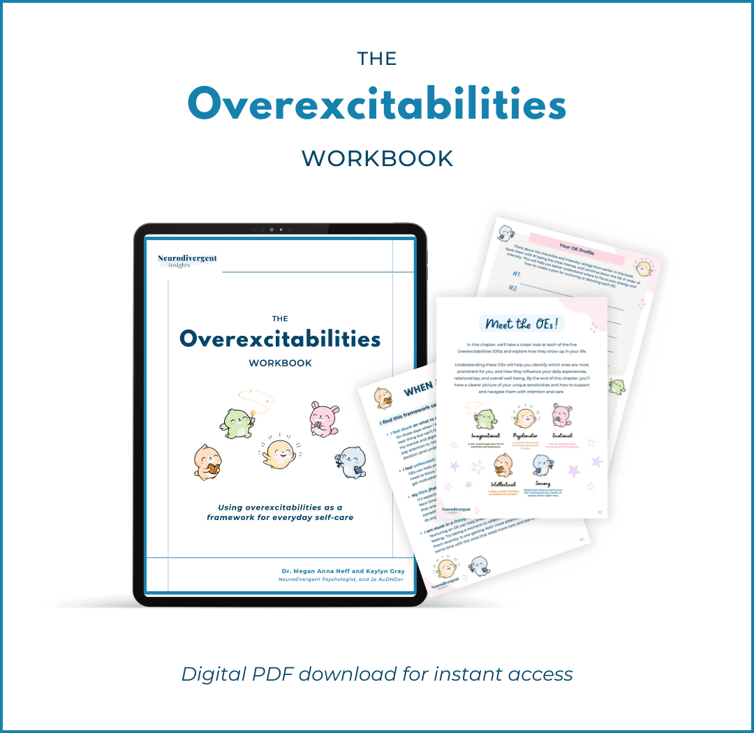 Tablet mockup of The Overexcitabilities Workbook with sample pages, including “Meet the OEs” spread introducing five overexcitability types.