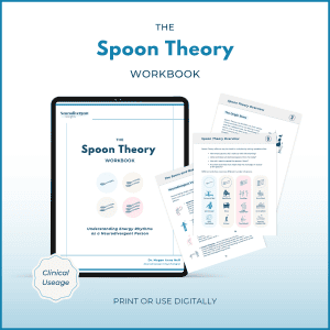 Digital mockup of “The Spoon Theory Workbook” by Dr. Megan Anna Neff, displayed on a tablet with sample workbook pages, featuring the subtitle “Understanding Energy Rhythms as a Neurodivergent Person” and a Clinical Usage badge.