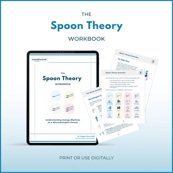 Mockup of “The Spoon Theory Workbook” on a tablet with sample pages, highlighting colorful icons and diagrams about energy rhythms for neurodivergent people.