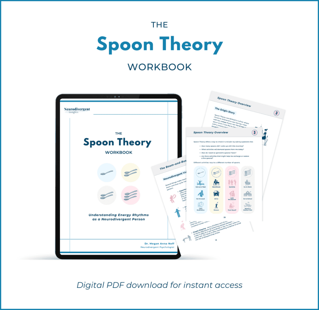 Digital PDF mockup of “The Spoon Theory Workbook” with a tablet and overlapping sample workbook pages, captioned “Digital PDF download for instant access.”