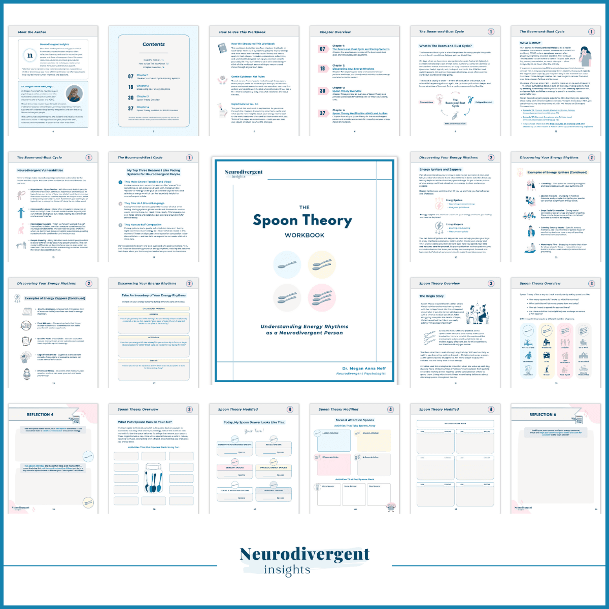 Preview spread of “The Spoon Theory Workbook” showing the cover and multiple inside pages, including diagrams, reflection prompts, and exercises on energy rhythms.