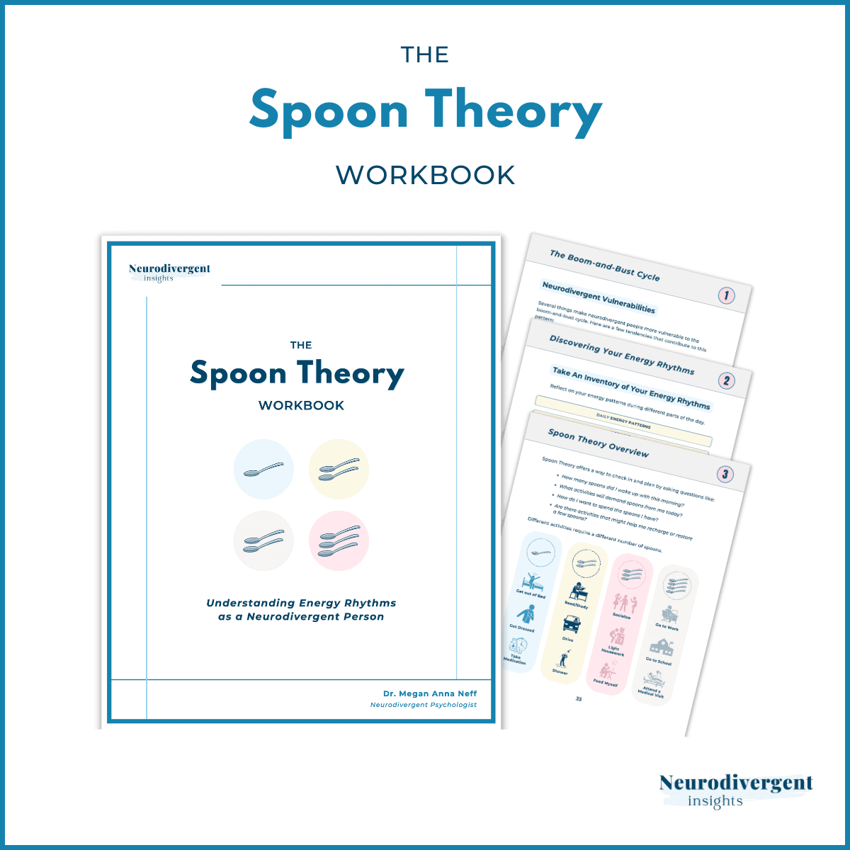 Flat-lay mockup of “The Spoon Theory Workbook” cover with several sample inside pages displayed to the right, highlighting sections on boom-and-bust cycles and energy rhythms.