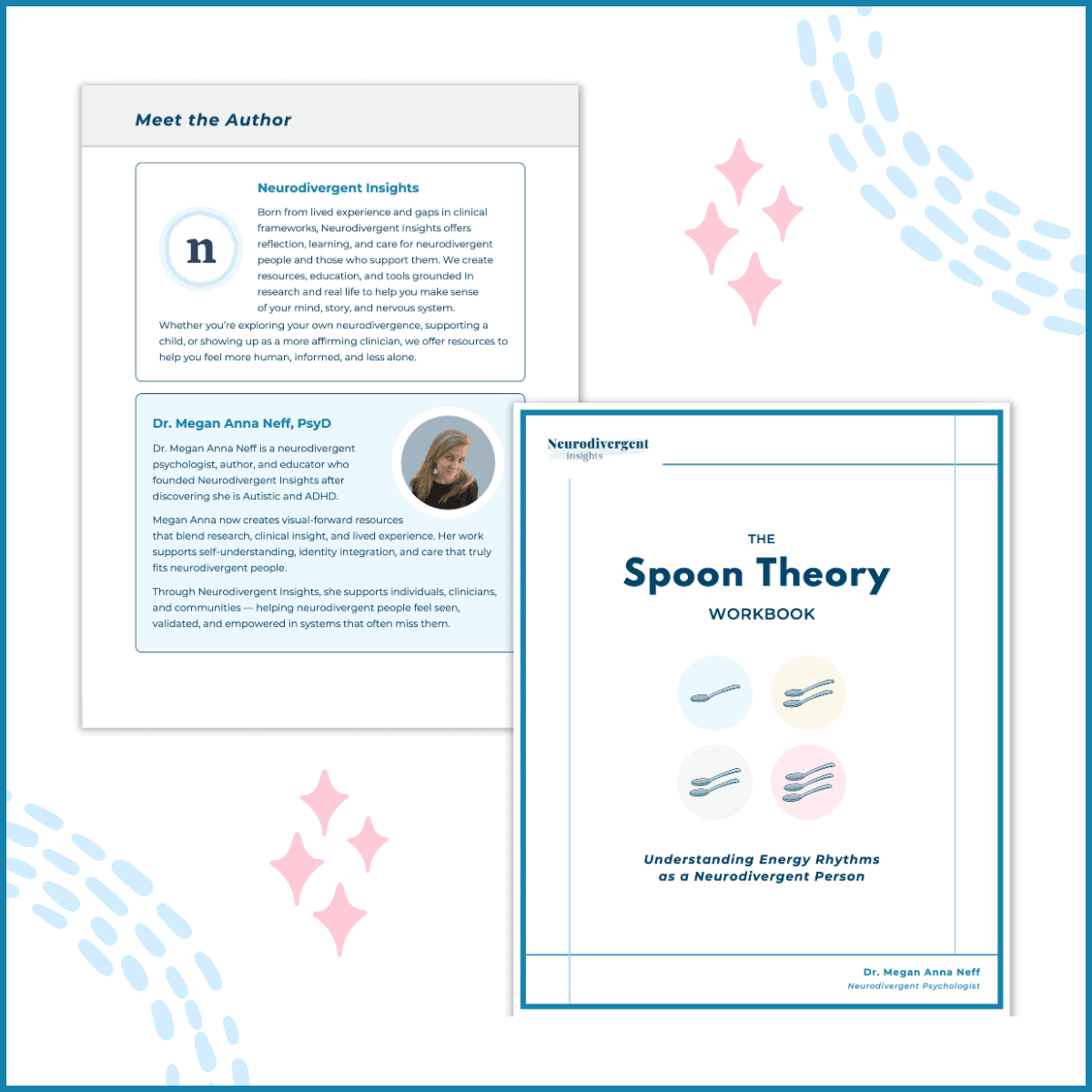 Two-page preview of “The Spoon Theory Workbook” showing the Meet the Author section for Dr. Megan Anna Neff alongside the workbook cover.