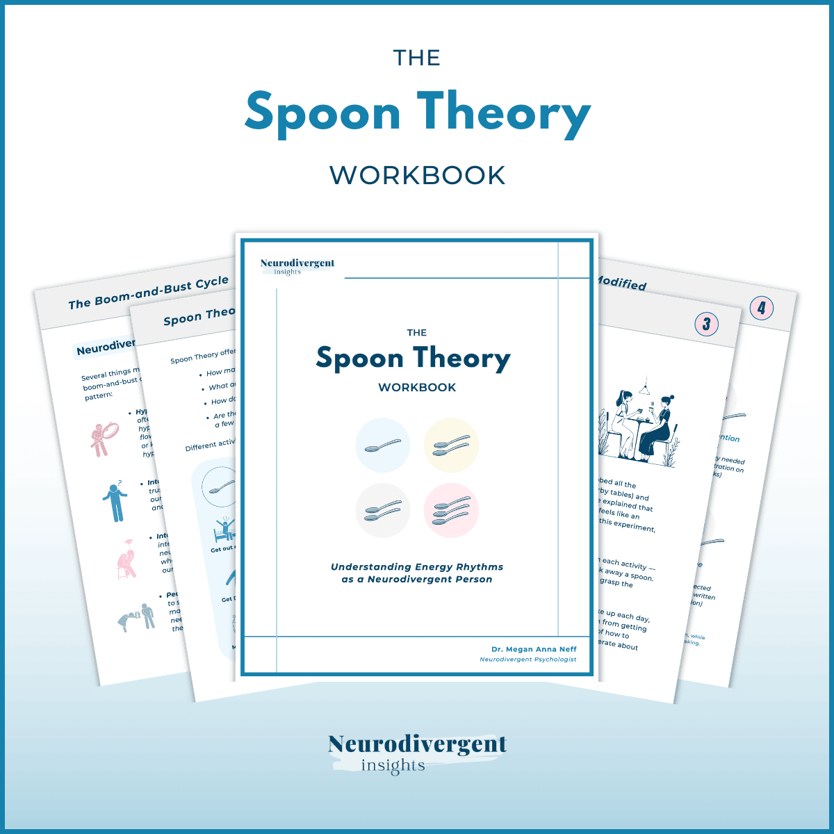 Angled mockup of “The Spoon Theory Workbook” cover surrounded by sample inside pages, including overview and reflection exercises.