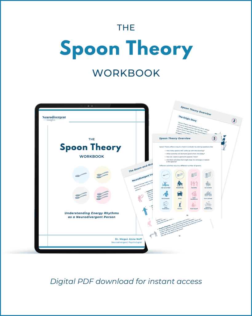 Digital mockup of “The Spoon Theory Workbook” displayed on a tablet with inside sample pages, promoting it as a digital PDF download for instant access.