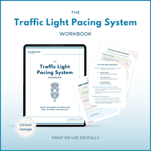 Mockup of The Traffic Light Pacing System Workbook by Dr. Megan Anna Neff, shown on a tablet with sample pages featuring red light, yellow light, and green light activity guides. A badge in the lower left corner notes 'Clinical Usage,' and text at the bottom highlights that the workbook can be printed or used digitally.