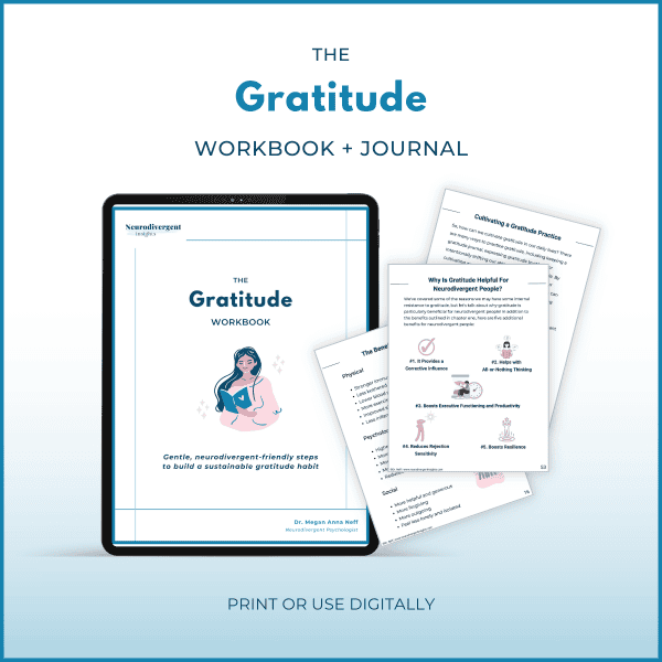 Mockup of The Gratitude Workbook + Journal on a tablet with sample pages highlighting benefits of gratitude for neurodivergent people.