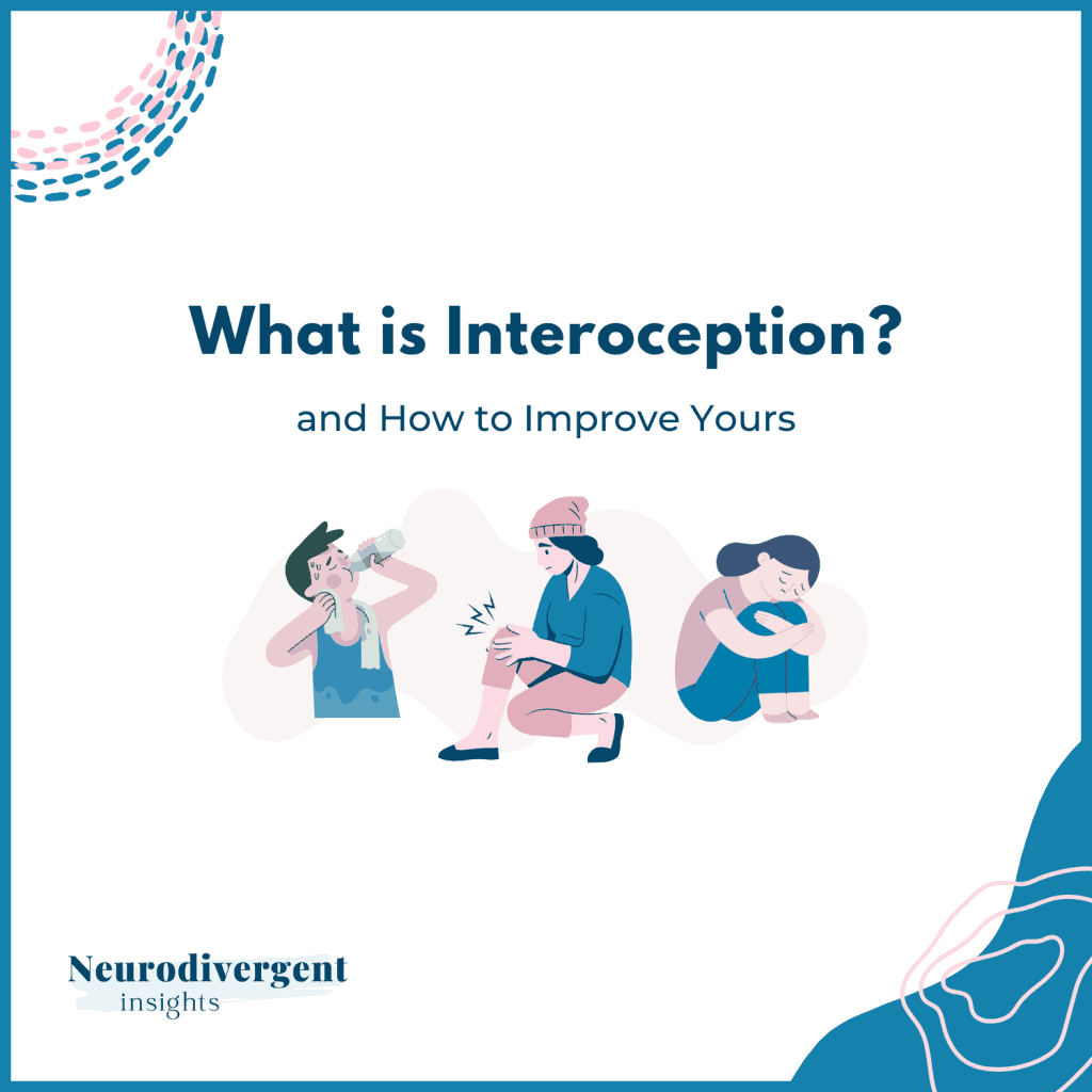 Illustration of three people sensing internal states — one drinking water, one holding a sore knee, and one hugging themselves — under the title “What is Interoception and How to Improve Yours.”