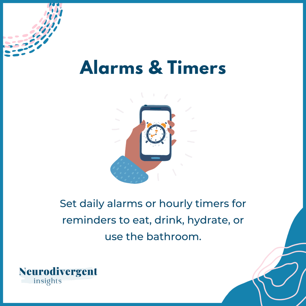 Illustration of a hand holding a smartphone showing a clock, with text suggesting using alarms or timers as reminders for daily needs.