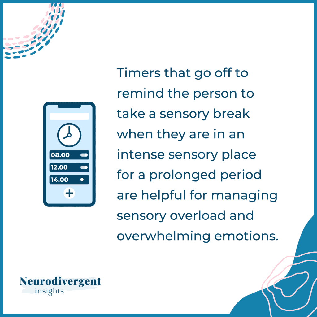 Illustration of a smartphone screen showing scheduled reminders, with text explaining how timers can prompt sensory breaks to prevent overload.