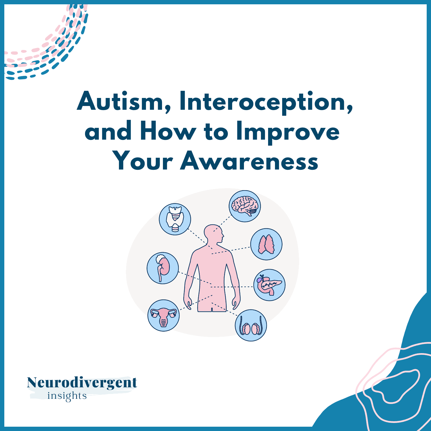 Title slide reading “Autism, Interoception, and How to Improve Your Awareness” with an illustration of a human figure surrounded by body part icons representing internal sensations.