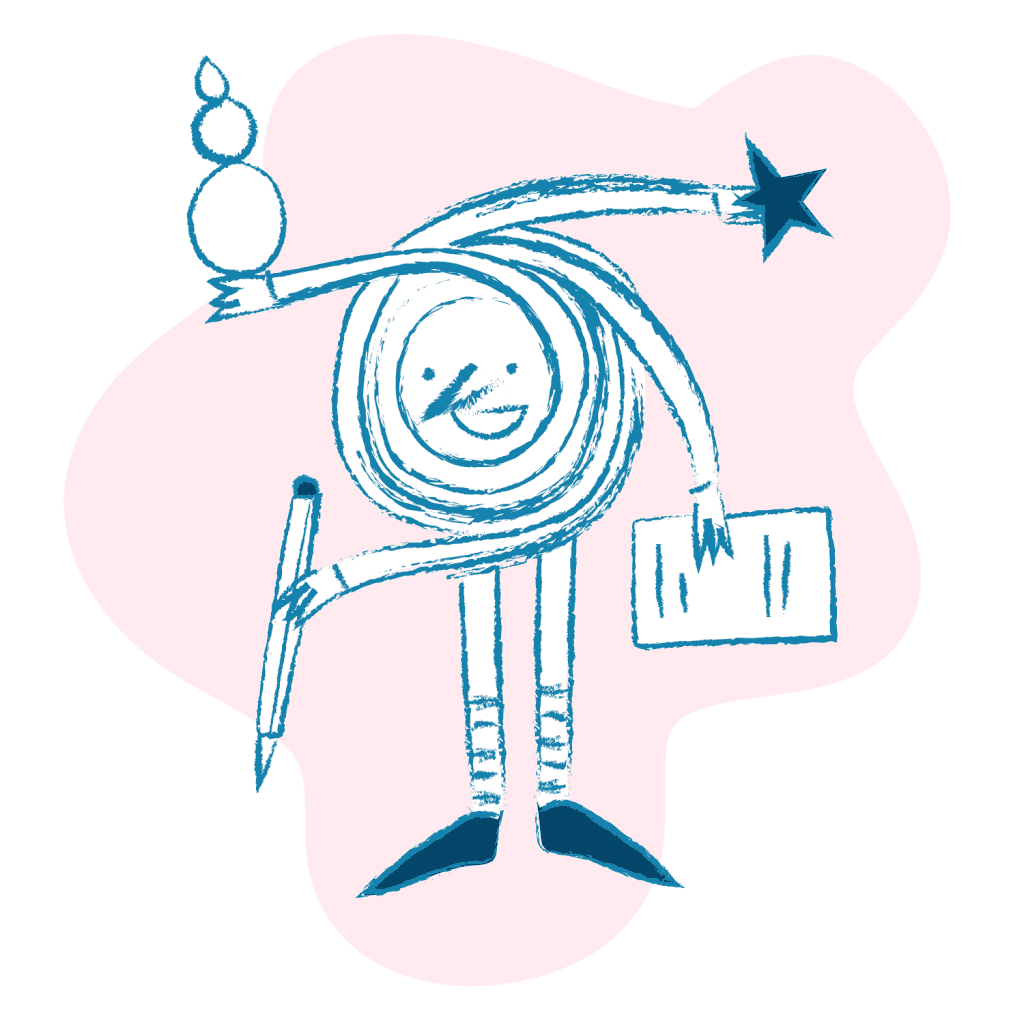 Playful blue line drawing of a spiral-shaped character holding a star, pen, and paper, with a pink abstract background.