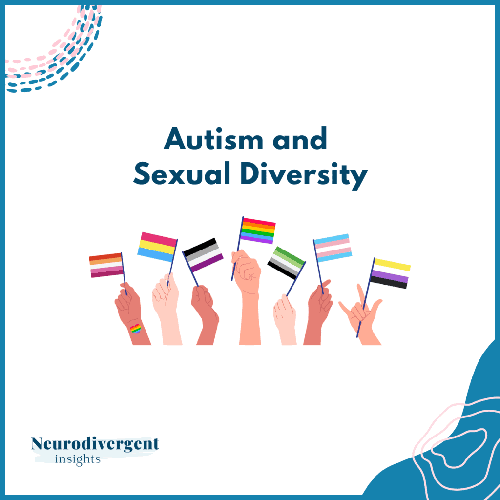 Illustration showing six hands of varying skin tones holding different LGBTQIA+ pride flags under the title “Autism and Sexual Diversity.”