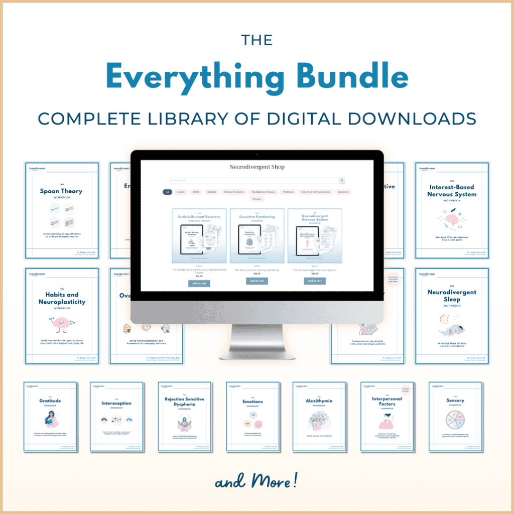 Graphic titled “The Everything Bundle: Complete Library of Digital Downloads.” The image shows a computer monitor displaying the Neurodivergent Insights shop with featured workbooks such as Autistic Burnout Recovery, Executive Functioning, and The Neurodivergent Nervous System. Surrounding the monitor are covers of individual digital workbooks, including Spoon Theory, Interest-Based Nervous System, Neurodivergent Sleep, Habits and Neuroplasticity, Overstimulation, Rejection Sensitive Dysphoria, Emotions, Alexithymia, Interpersonal Factors, Gratitude, Sensory, and Interoception. Text at the bottom reads “and More!” in a warm, minimalist layout with light blue and beige tones.