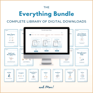 Graphic titled “The Everything Bundle: Complete Library of Digital Downloads.” The image shows a computer monitor displaying the Neurodivergent Insights shop with featured workbooks such as Autistic Burnout Recovery, Executive Functioning, and The Neurodivergent Nervous System. Surrounding the monitor are covers of individual digital workbooks, including Spoon Theory, Interest-Based Nervous System, Neurodivergent Sleep, Habits and Neuroplasticity, Overstimulation, Rejection Sensitive Dysphoria, Emotions, Alexithymia, Interpersonal Factors, Gratitude, Sensory, and Interoception. Text at the bottom reads “and More!” in a warm, minimalist layout with light blue and beige tones.