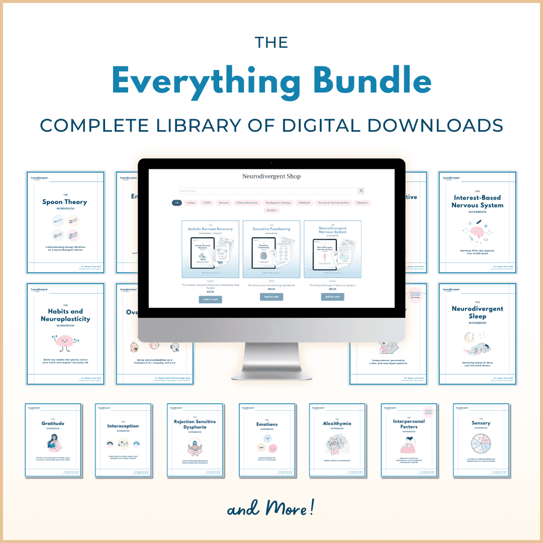 Graphic titled “The Everything Bundle: Complete Library of Digital Downloads.” The image shows a computer monitor displaying the Neurodivergent Insights shop with featured workbooks such as Autistic Burnout Recovery, Executive Functioning, and The Neurodivergent Nervous System. Surrounding the monitor are covers of individual digital workbooks, including Spoon Theory, Interest-Based Nervous System, Neurodivergent Sleep, Habits and Neuroplasticity, Overstimulation, Rejection Sensitive Dysphoria, Emotions, Alexithymia, Interpersonal Factors, Gratitude, Sensory, and Interoception. Text at the bottom reads “and More!” in a warm, minimalist layout with light blue and beige tones.