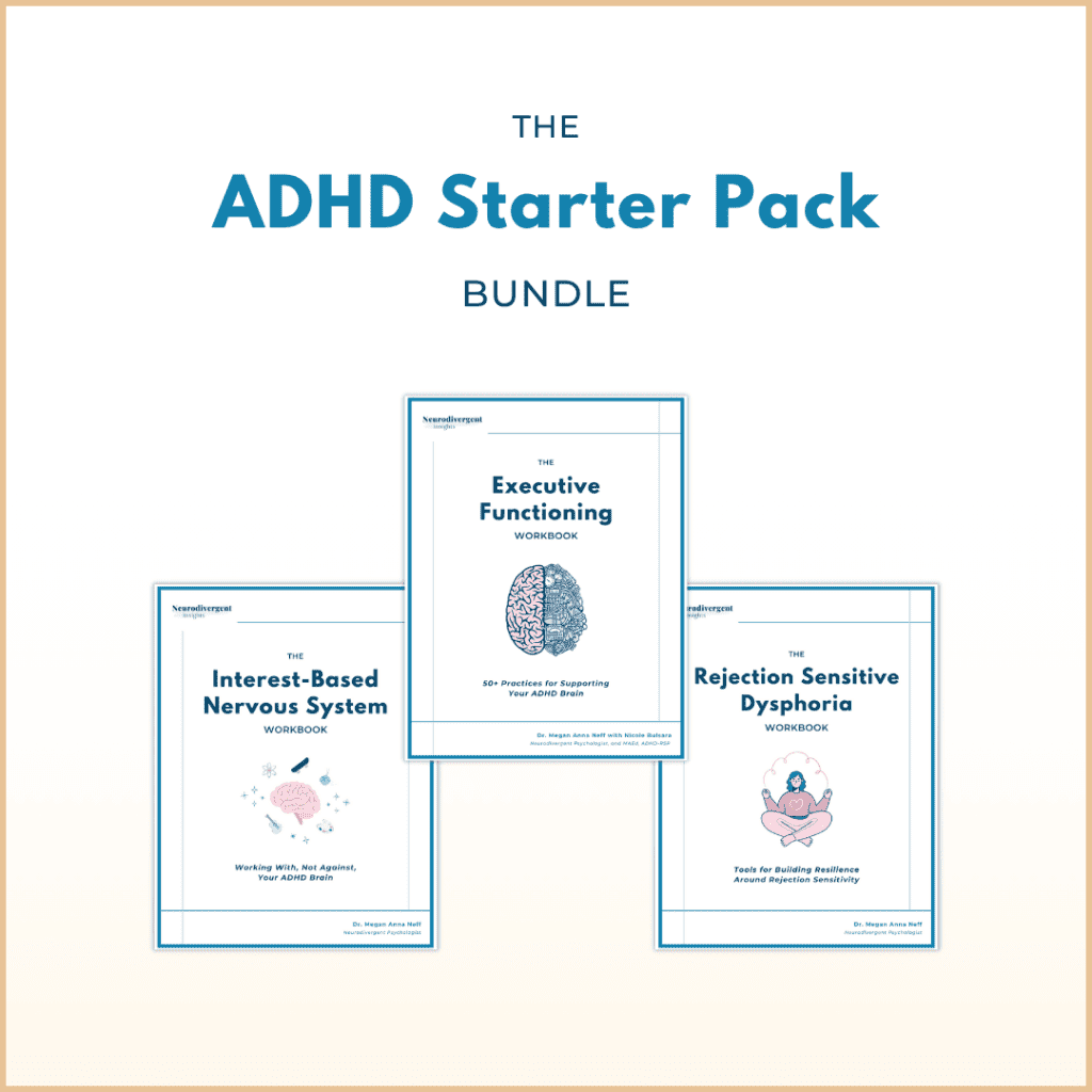 The ADHD Starter Pack Bundle featuring three digital workbooks: Executive Functioning, Interest-Based Nervous System, and Rejection Sensitive Dysphoria.