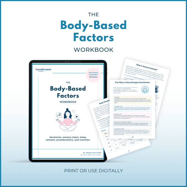 Tablet displaying the cover of The Body-Based Factors Workbook by Dr. Megan Anna Neff, surrounded by sample workbook pages on neurodivergent nourishment, sensory overload, and body chemistry. The cover subtitle reads “Hormones, sensory input, sleep, somatic considerations, and nutrition.”