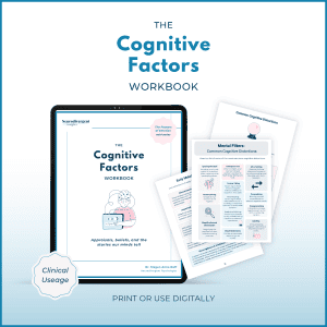 Digital mockup of The Cognitive Factors Workbook by Dr. Megan Anna Neff displayed on a tablet with sample pages featuring cognitive distortion charts, early maladaptive schema worksheets, and reflective exercises. Labeled for clinical usage, designed for print or digital use.