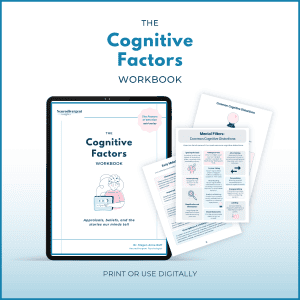 Digital version of The Cognitive Factors Workbook by Dr. Megan Anna Neff displayed on a tablet with printable pages on common cognitive distortions, mental filters, and schema exercises. Tagline reads “Print or use digitally.”