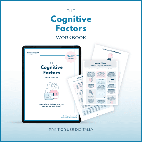 Digital version of The Cognitive Factors Workbook by Dr. Megan Anna Neff displayed on a tablet with printable pages on common cognitive distortions, mental filters, and schema exercises. Tagline reads “Print or use digitally.”
