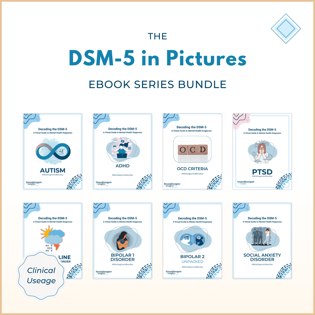 The DSM-5 in Pictures Clinical Bundle featuring eight illustrated eBooks on Autism, ADHD, OCD, PTSD, Borderline Personality Disorder, Bipolar I and II, and Social Anxiety Disorder.