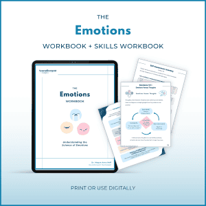 Tablet displaying the Emotions Workbook with overlapping sample pages featuring an “Emotions Versus Thoughts” diagram and self-assessment inventory. Text reads “Print or use digitally.”