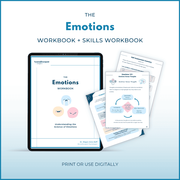 Tablet displaying the Emotions Workbook with overlapping sample pages featuring an “Emotions Versus Thoughts” diagram and self-assessment inventory. Text reads “Print or use digitally.”