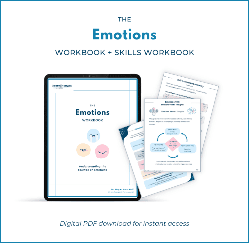 Tablet displaying The Emotions Workbook cover with illustrated emotion icons, surrounded by sample pages showing emotion charts and self-assessment tools. Text reads “Workbook + Skills Workbook — Digital PDF download for instant access.”