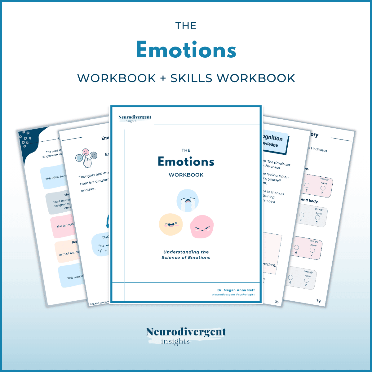 Preview inside The Emotions Workbook + Skills Workbook from Neurodivergent Insights. This evidence-based workbook combines psychology and lived experience to help you understand emotions, thoughts, and body signals through visual worksheets and diagrams. Created by Dr. Megan Anna Neff, Neurodivergent Psychologist.