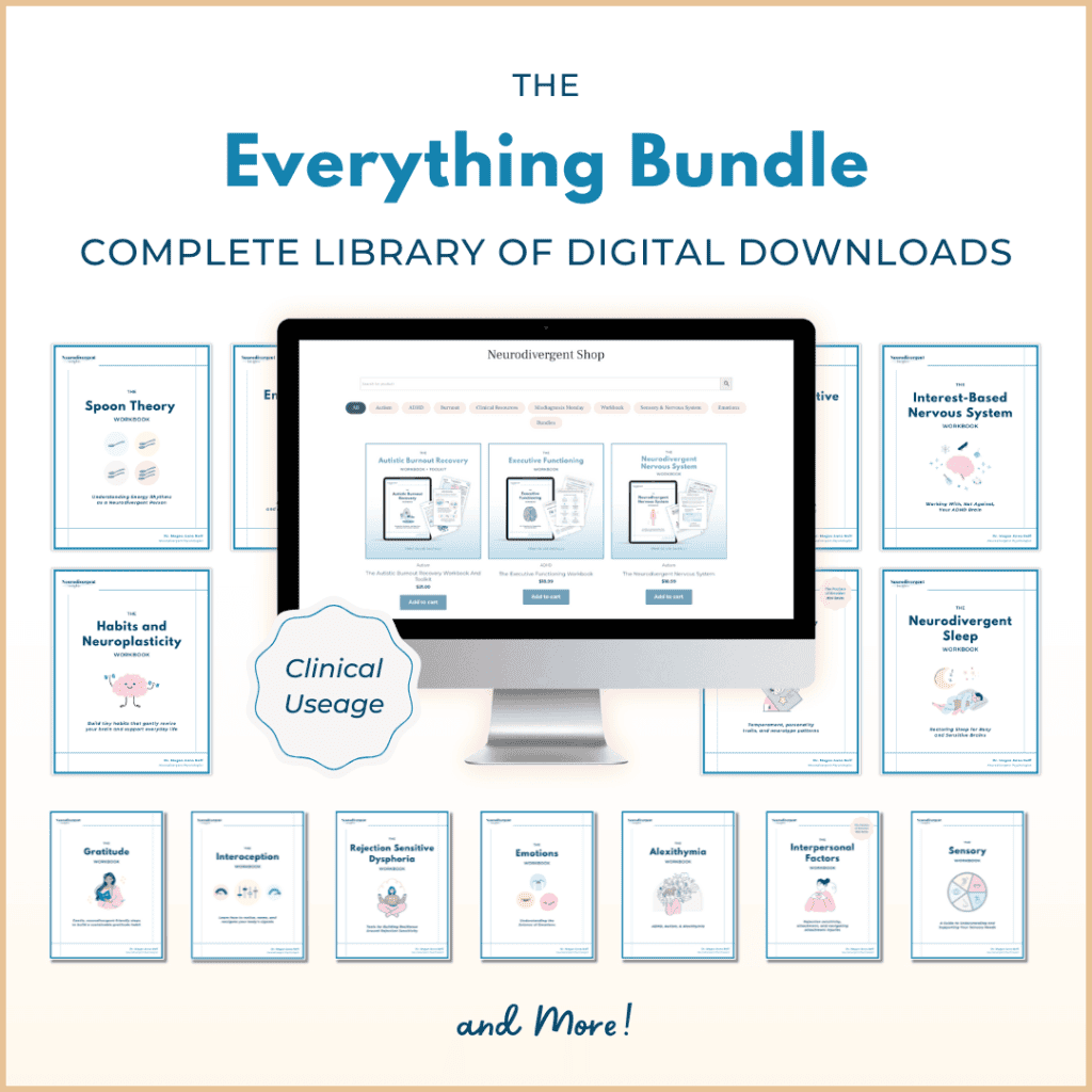 Graphic titled “The Everything Bundle: Complete Library of Digital Downloads (Clinical Use).” The image features a computer monitor displaying the Neurodivergent Insights shop with featured clinician-licensed workbooks such as Autistic Burnout Recovery, Executive Functioning, and The Neurodivergent Nervous System. A blue badge on the left reads “Clinical Use.” Surrounding the monitor are covers of digital workbooks, including Spoon Theory, Interest-Based Nervous System, Neurodivergent Sleep, Habits and Neuroplasticity, Overstimulation, Rejection Sensitive Dysphoria, Emotions, Alexithymia, Interpersonal Factors, Gratitude, Sensory, and Interoception. The bottom text reads “and More!” in a soft beige and light blue layout.