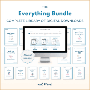 Graphic titled “The Everything Bundle: Complete Library of Digital Downloads (Clinical Use).” The image features a computer monitor displaying the Neurodivergent Insights shop with featured clinician-licensed workbooks such as Autistic Burnout Recovery, Executive Functioning, and The Neurodivergent Nervous System. A blue badge on the left reads “Clinical Use.” Surrounding the monitor are covers of digital workbooks, including Spoon Theory, Interest-Based Nervous System, Neurodivergent Sleep, Habits and Neuroplasticity, Overstimulation, Rejection Sensitive Dysphoria, Emotions, Alexithymia, Interpersonal Factors, Gratitude, Sensory, and Interoception. The bottom text reads “and More!” in a soft beige and light blue layout.
